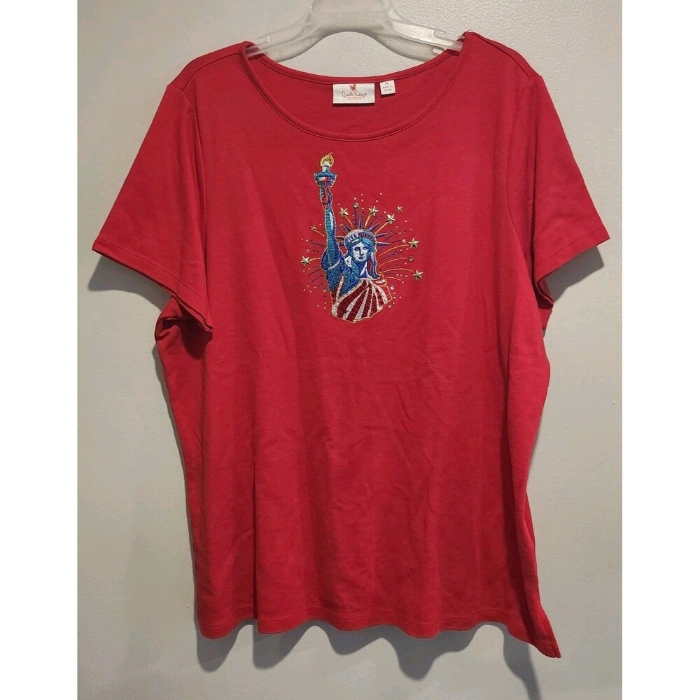 Quacker Factory Red Statue of Liberty Freedom Celebrate Embellished Shirt Sz XL